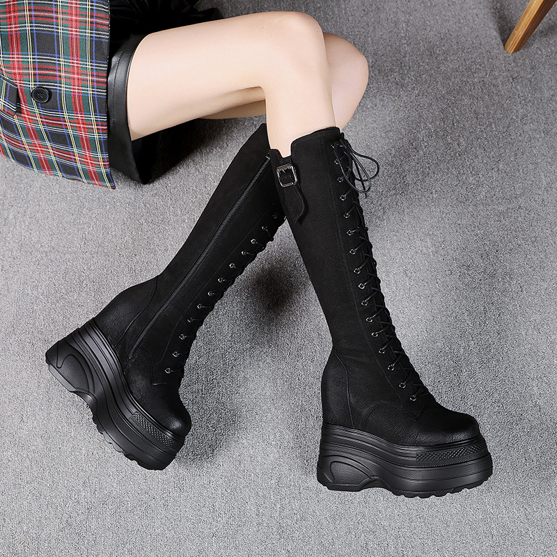 Boot Martin nữ tăng chiều cao đế dày 14 cm, phong cách thu đông — Màu đen lót nhung