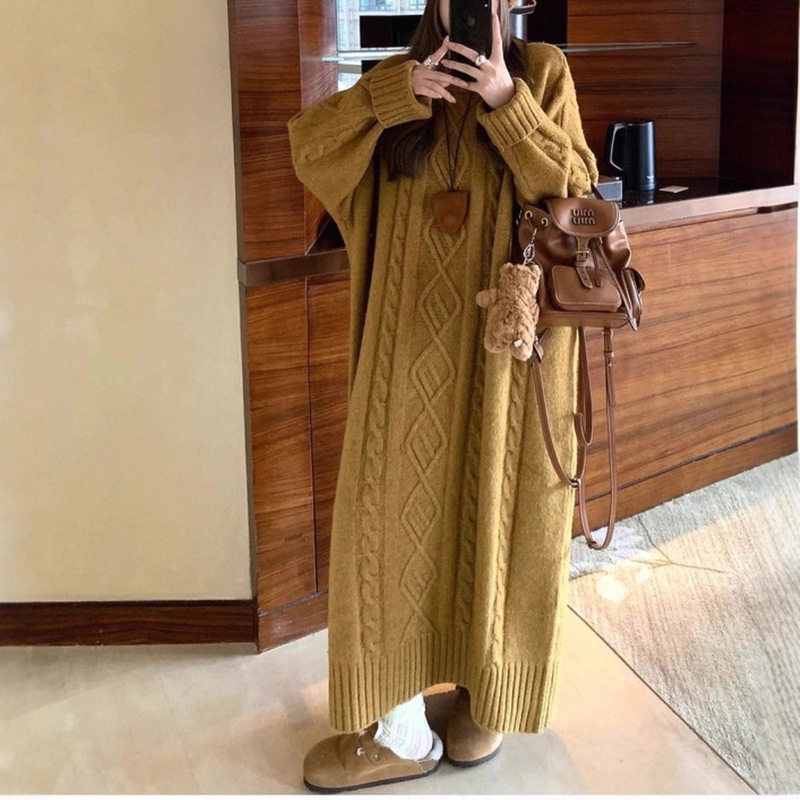 French-Style Lazy Round-Neck Knitted Dress for Women, Autumn and Winter Loose Design, Slimming and Elegant Long Sweater Dress French-Style Lazy Round-Neck Knitted Dress for Women, Autumn and Winter Loose Design, Slimming and Elegant Long Sweater Dress