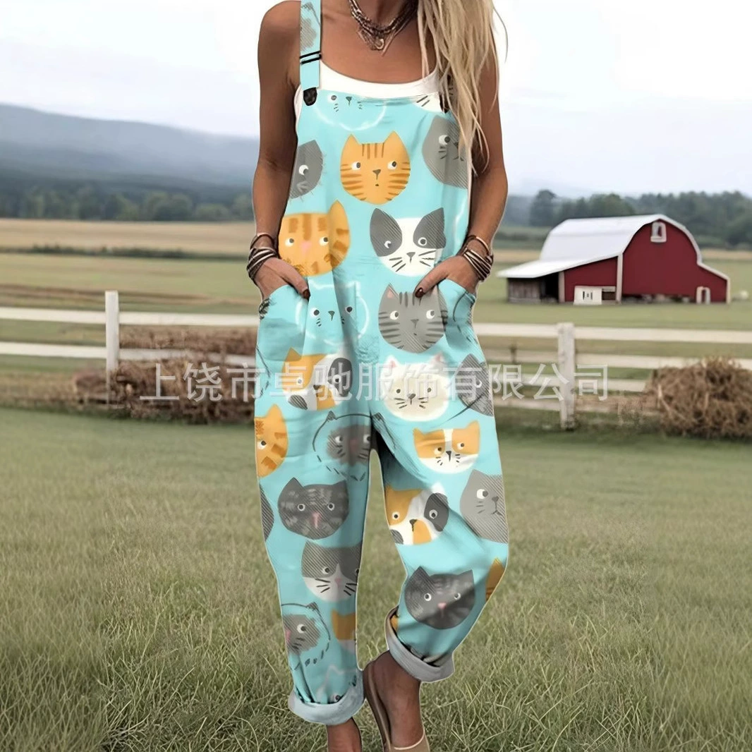 2025 новая женская одежда для трансграничных продаж Amazon, европейские и американские летние цифровые 3D-печатные подтяжки на пуговицах, повседневные брюки, подтяжки