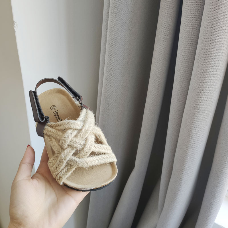 2023 Summer Children's Han Style Raffia Sandals for Boys and Girls, Raffia Woodclog Sandals with Soft Cork