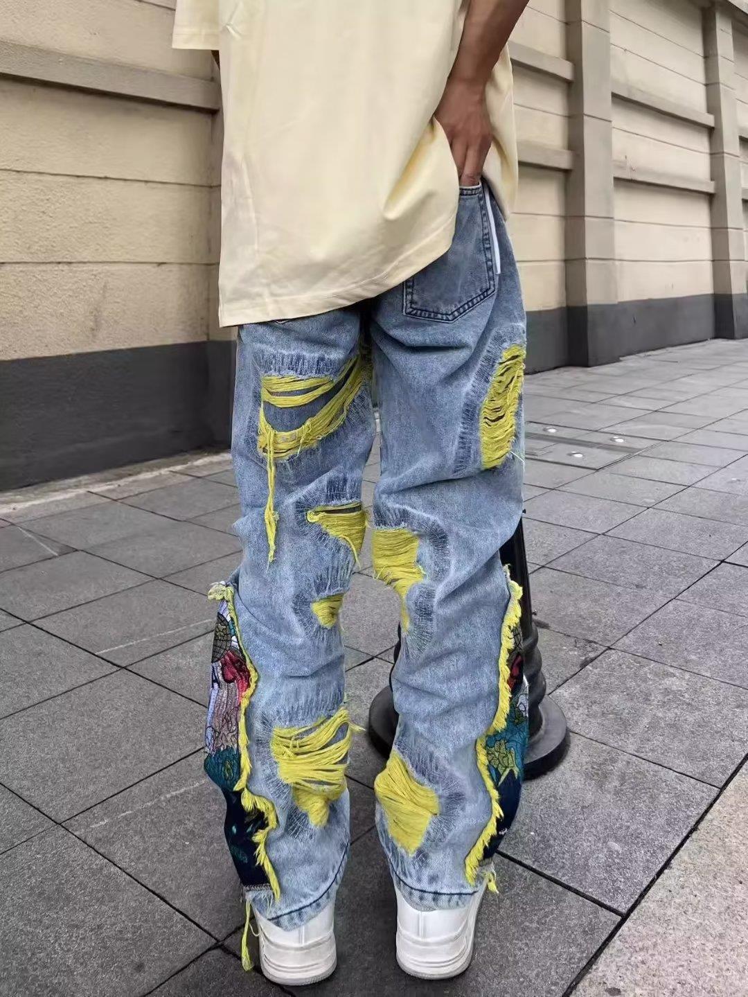 Heavy Embroidered Ripped Jeans American Hong Kong Style Street Fashion for Men And Women mid Waist Straight Pants Blue Long Brushed_voghion.com