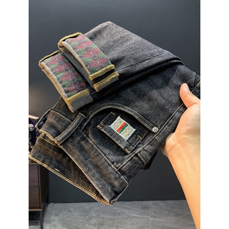 High-end light luxury jeans men's autumn new printed Korean style fashionable casual soft all-match slim fit skinny trousers High-end light luxury jeans men's autumn new printed Korean style fashionable casual soft all-match slim fit skinny trousers