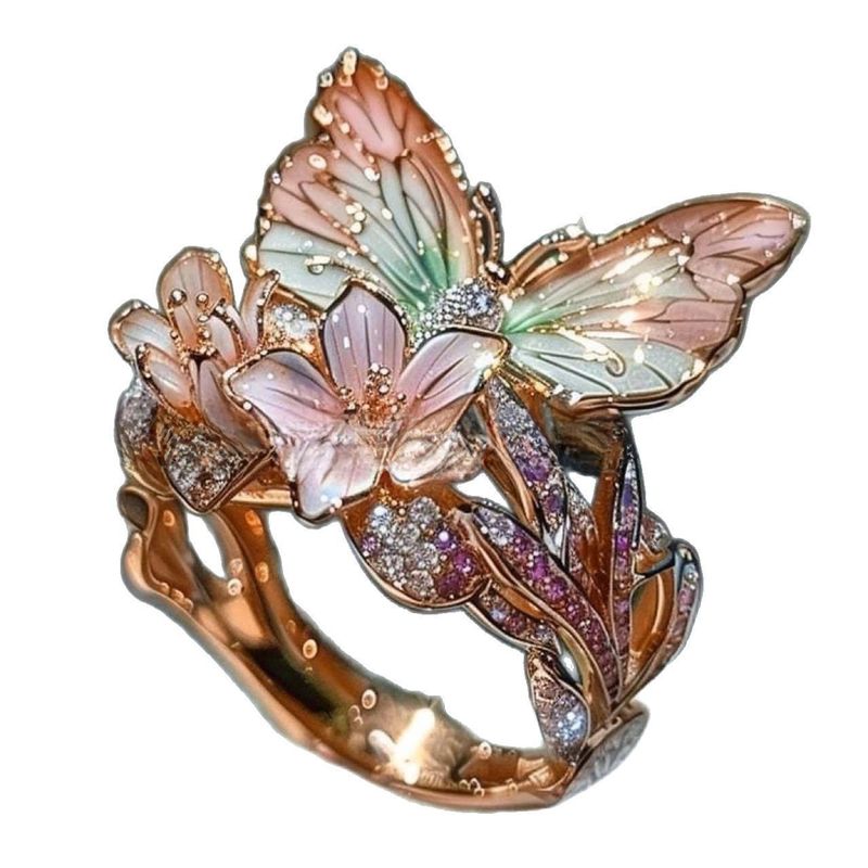 2025 越境新製品蝶の花の女性のオープンリング装飾ファッションリングドリップオイルリング卸売|undefined