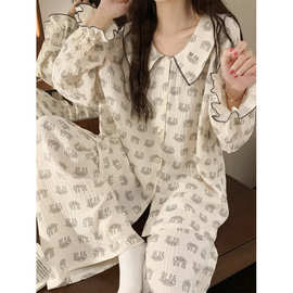 2025 甜美可爱棉纱布卡通图案宽松娃娃领喇叭袖家居服睡衣套装