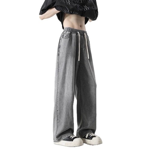 Men's Summer Thin Ice Silk Straight Leg Wide Leg Trousers 2025 Loose Trousers with Rayon Tencel Drape