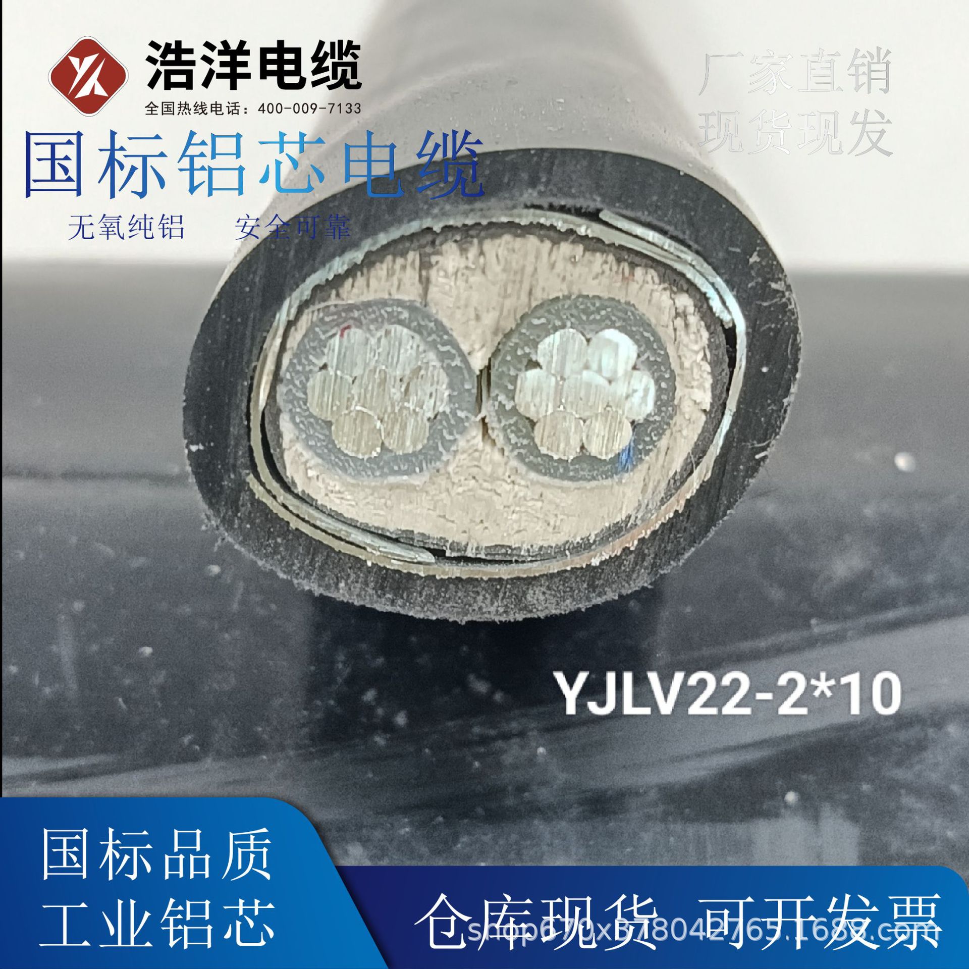 浩洋电力电缆 国标铝芯电缆 2相2芯YJLV22  10平方 厂家直销现货
