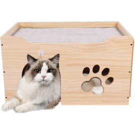 木质猫窝脚印镂空设计室内猫咪房子可拆洗软垫双层中小型宠物窝