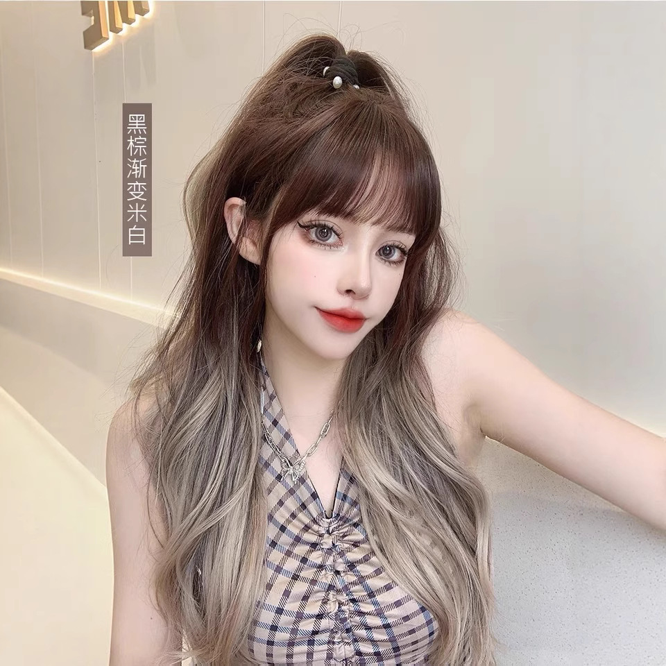 Peluca femenina gradiente de color peluca larga y rizada peluca cabeza completa venta al por mayor Internet celebridad peluca cabeza cubierta japonés y coreano