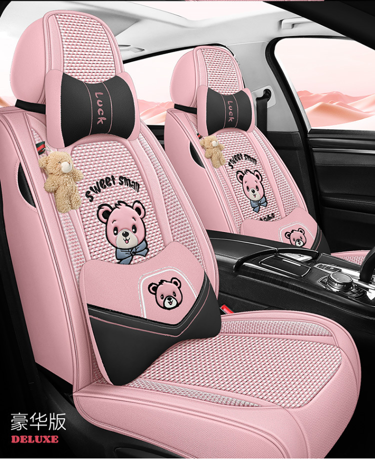 New All-Season Universal Car Seat Cushion, Full-Coverage Seat Cover, Cartoon Cute Linen, High-Grade Goddess Breathable Cotton