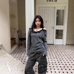 设计感美式基础款休闲吊带露肩横条纹修身长袖T恤衫显瘦女上衣ins
