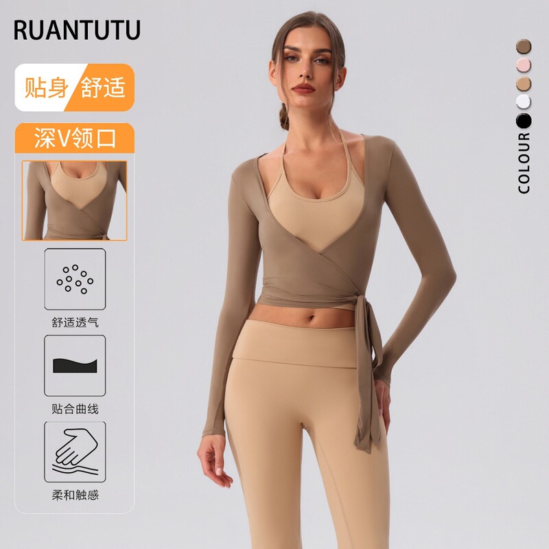 New Long-Sleeved Yoga Wear for Women with Cross Straps, Short Style, Versatile, Quick-Drying, Slim-Fitting, Fitness Running Long-Sleeved Sports Cover-Up