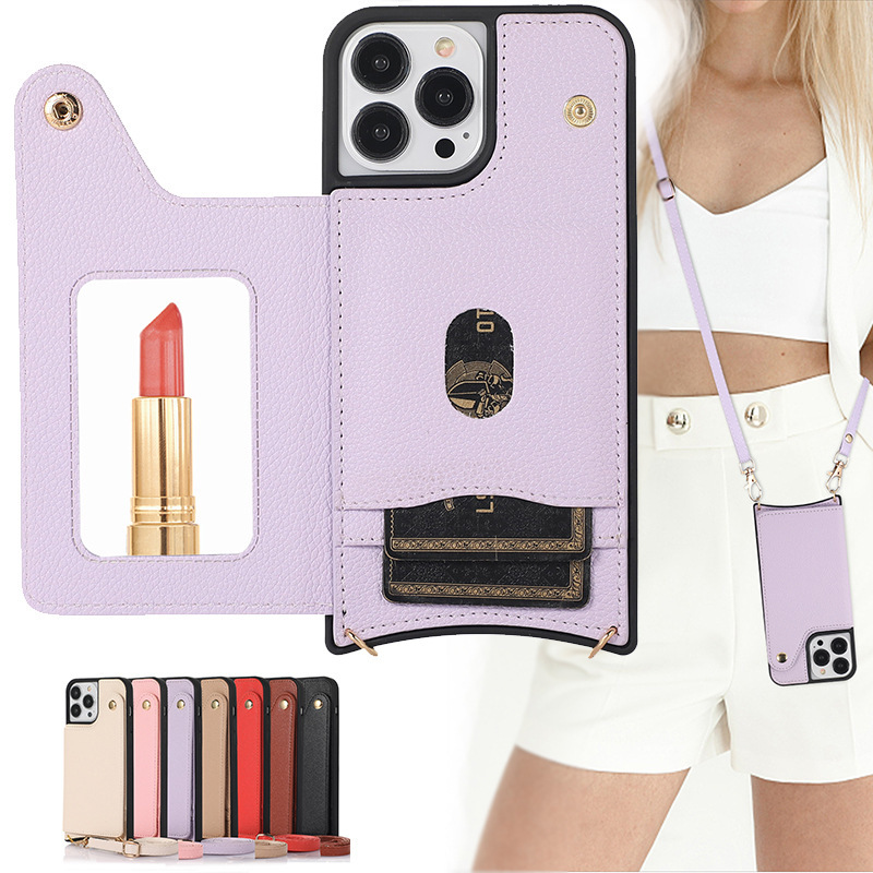 Applicable to iPhone16ProMax Phone Case Card Apple 11/12/13 Mirror Crossbody Shoulder Protective Leather Case Applicable to iPhone16ProMax Phone Case Card Apple 11/12/13 Mirror Crossbody Shoulder Protective Leather Case