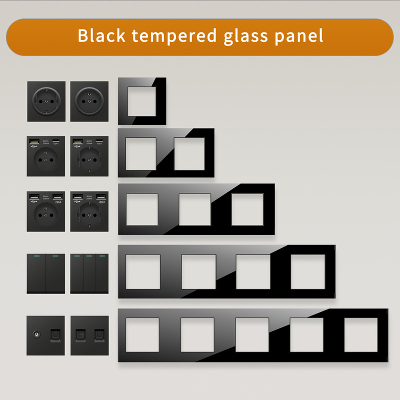 Glass black conjoined 86 European style socket with dual USB panel law standard regulation French USB socket panel concealed