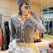 AV假两件蕾丝拼接开衫立体肌理层次灰色V领修身针织衫 AL72801571