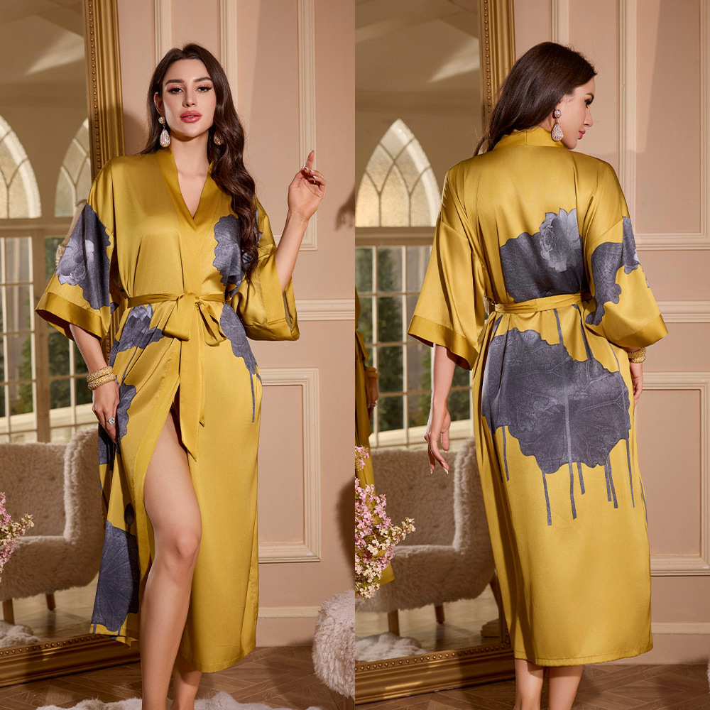 Primavera y otoño estilo de pijamas de satén mujeres primavera y otoño siete mangas de diseño de ropa de hogar de mangas largas sueltas túnicas WP3430