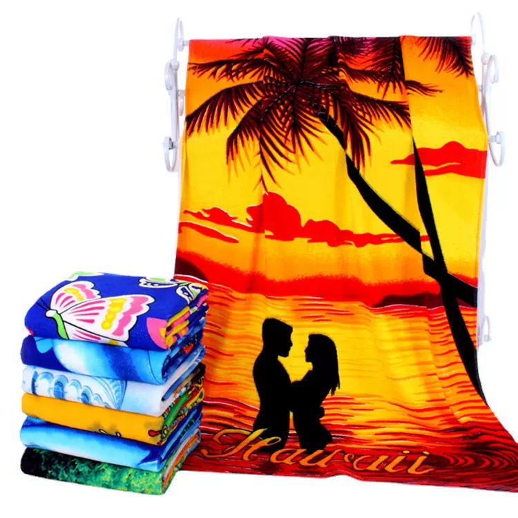 外贸超细纤维经编印花沐浴沙滩巾跨境游泳户外成人浴巾70*140cm