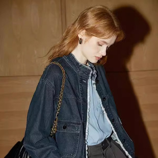 Kuhn's Washed Denim Jacket Women's 2025 Autumn and Winter New Retro Tassel Stand Collar Top