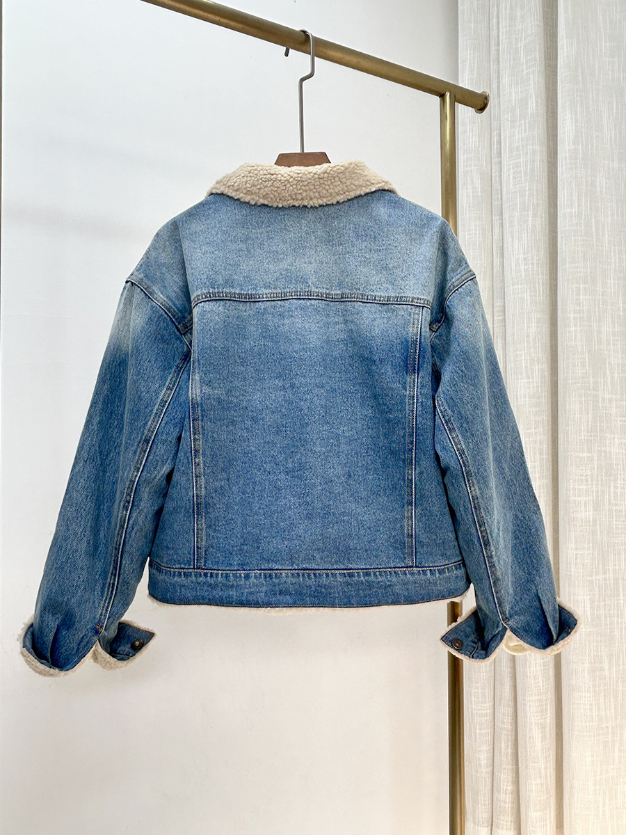 Áo khoác denim lót lông cừu dày dáng rộng cho nữ mùa thu đông — màu xanh gradient