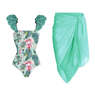 Fresh Floral Swimsuit with Skirt, Natural Pastoral Style Floral One-Piece Bikini Anti-Exposure Skirt European and American Cross-Border