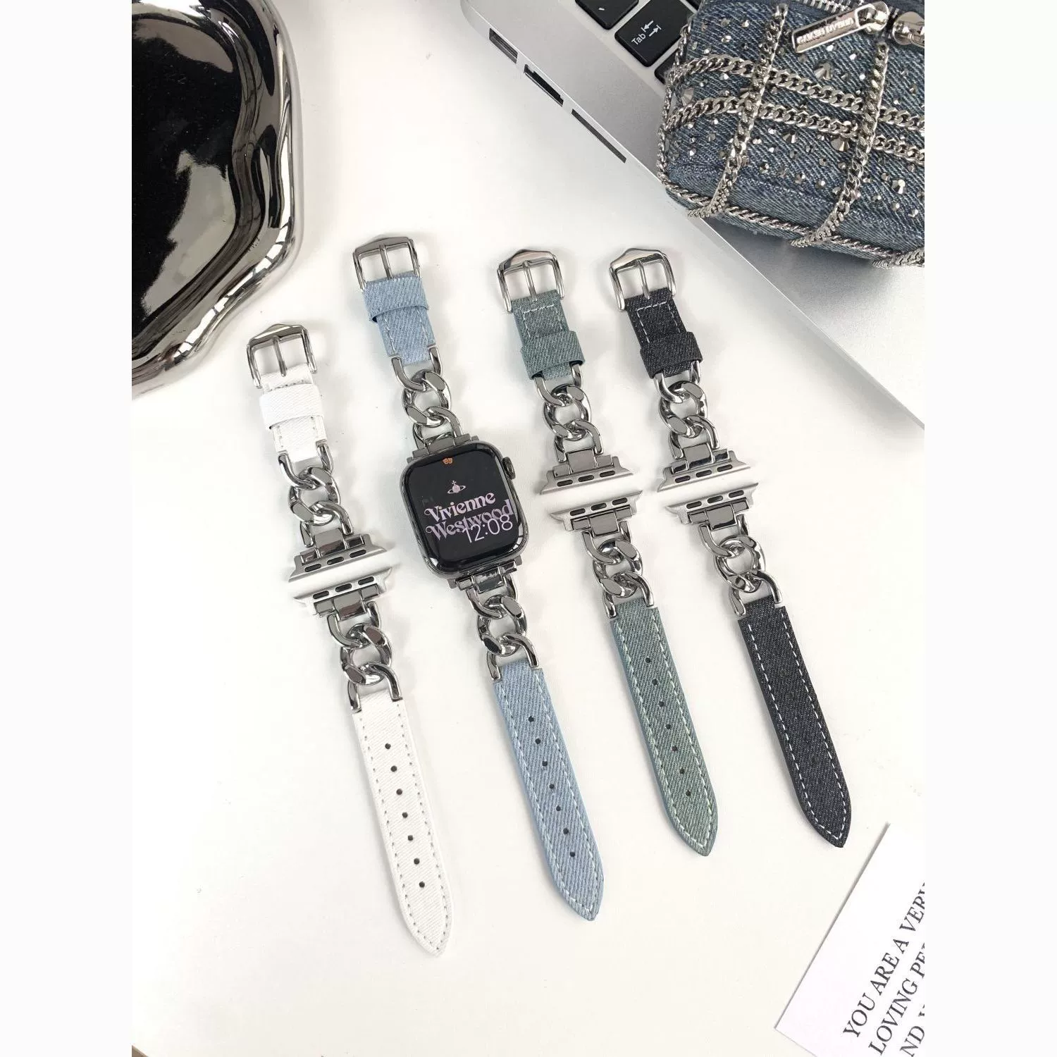 Подходит для Apple Watch S10 Ultra, ремешок для маленького аромата iWatch987654, деним цепочка