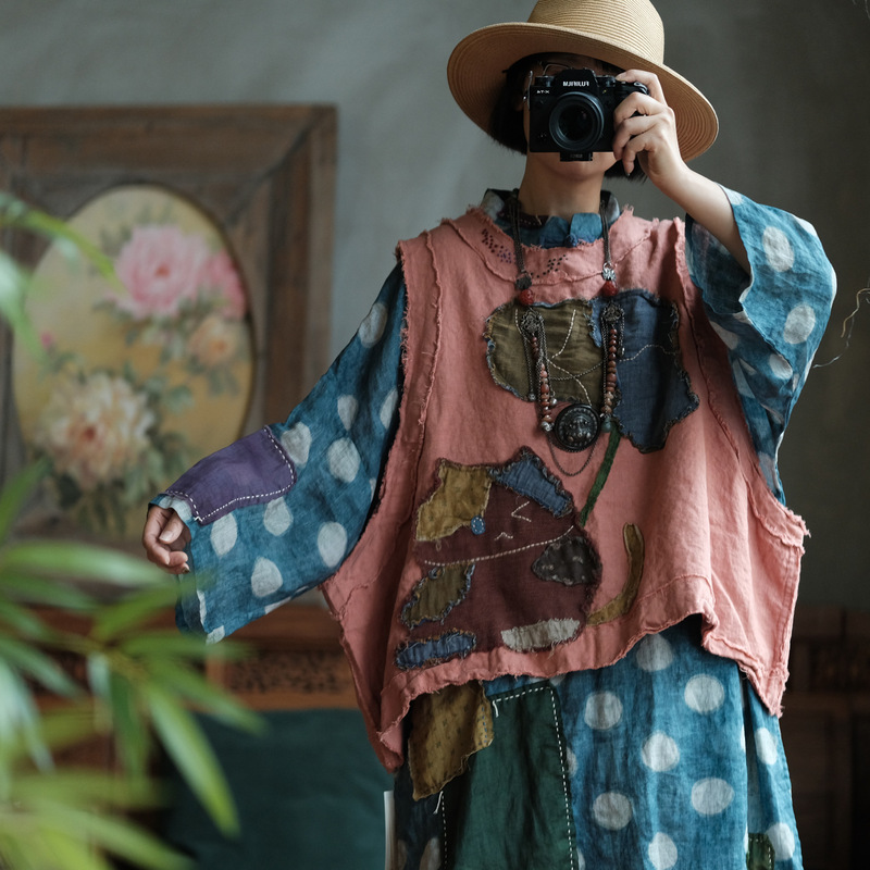 Luogu Mud Customized Vintage Artistic Wasteland Style Patchwork Vest New Chinese Style Waistcoat 2305 Orange