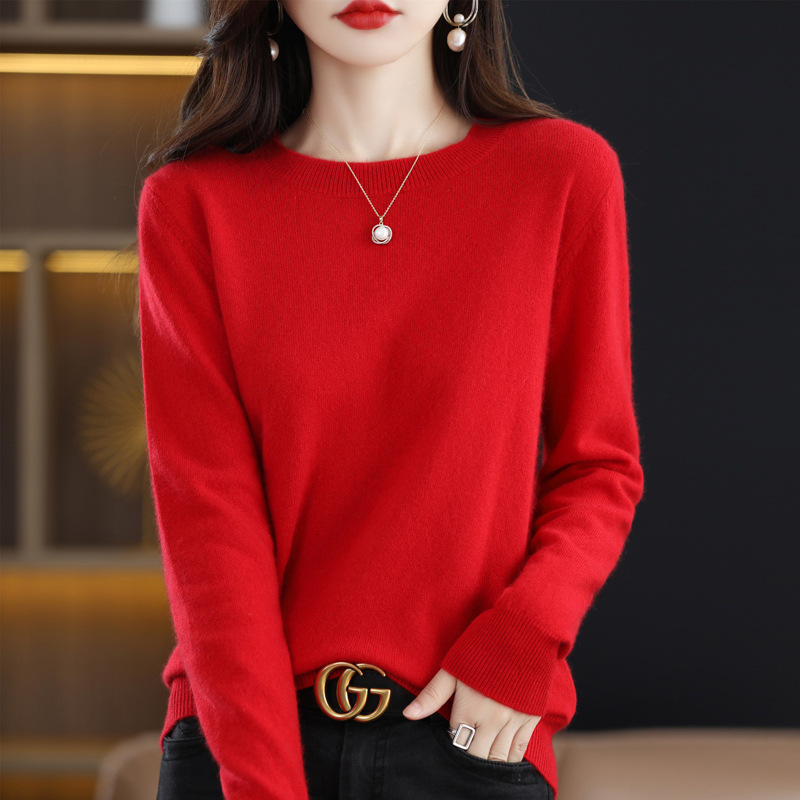 Otoño e Invierno 100% suéter de lana pura de las mujeres de cuello redondo Jersey corto de lana de manga larga suéter recto suéter a juego ropa exterior