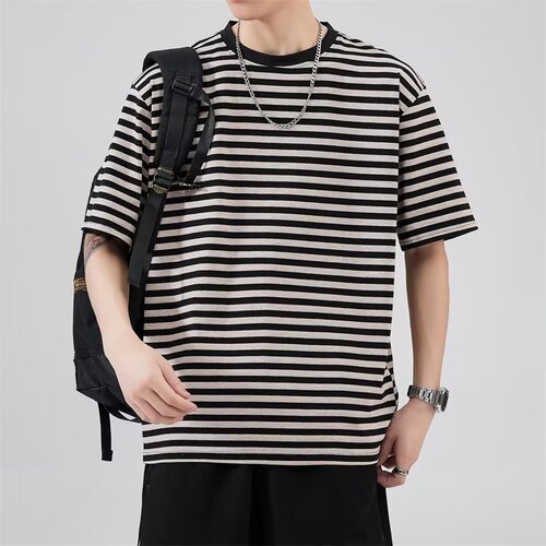 Striped pure cotton versatile niche design light mature style short-sleeved T-shirt handsome Korean style casual tops
