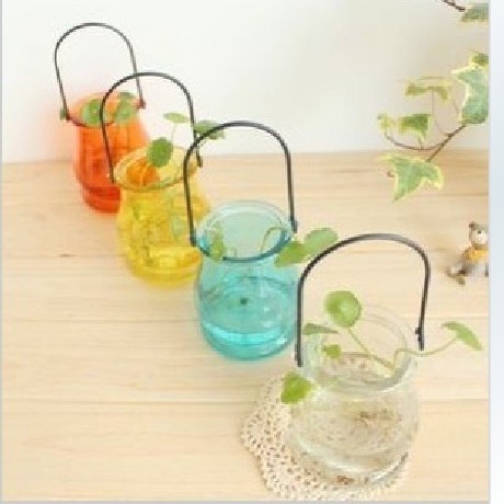 创意悬挂玻璃花瓶双耳吊瓶阳台水培玻璃瓶花瓶喷色香薰蜡烛瓶