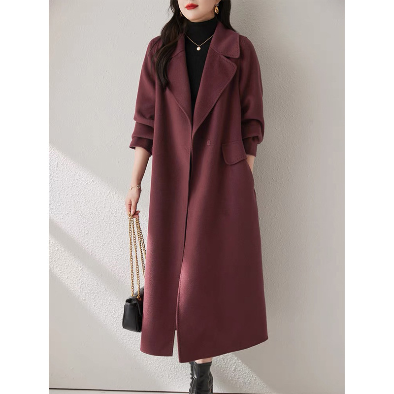 2024 새로운 가을과 겨울 고급 다크 레드 양면 양모 코트 여성 헵번 스타일 양모 코트