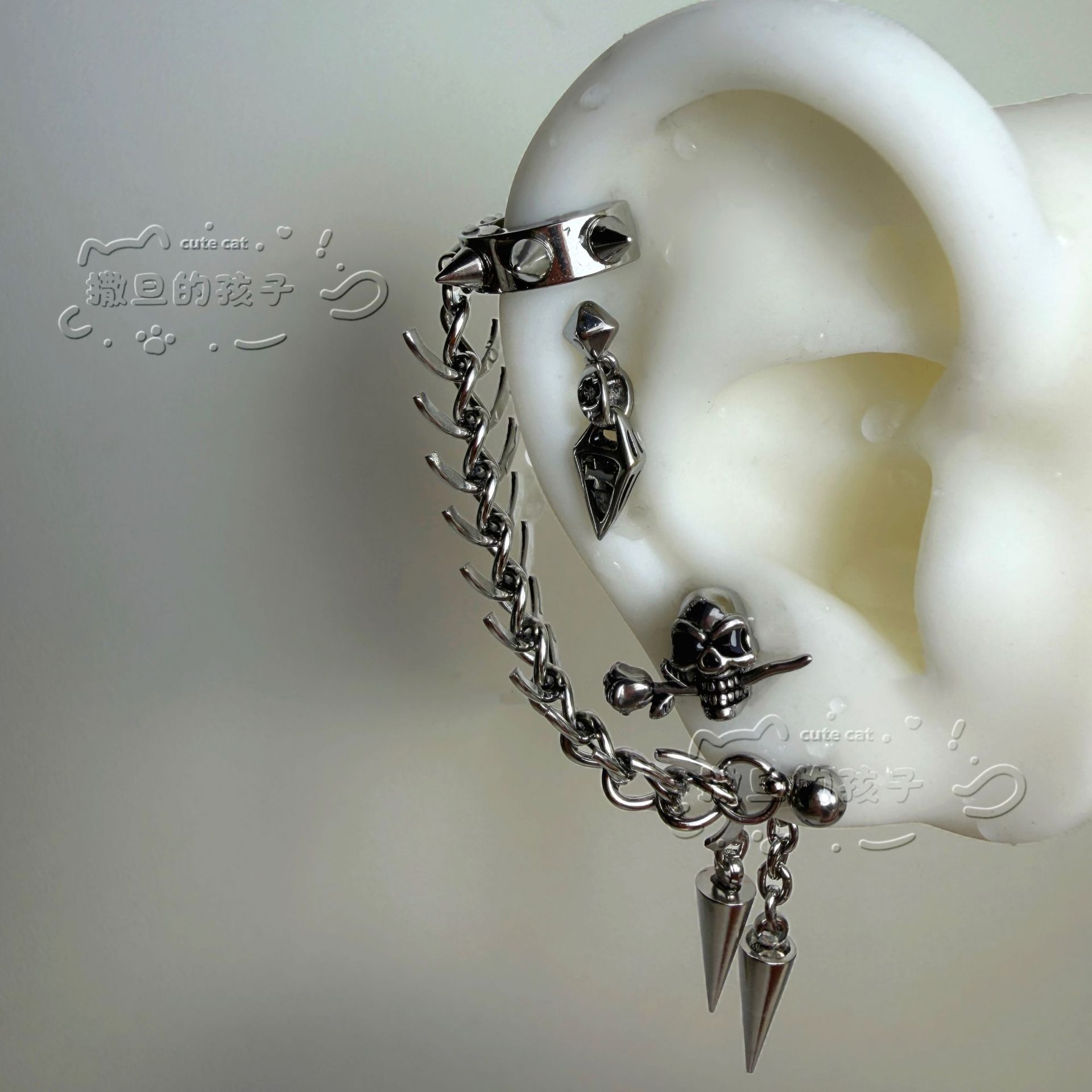 Devil Stud Ear Bone Studs, 316L Surgical Steel That Won't Fade, Double Ear Piercing Hoop and Stud Set, Punk Ear Accessories detail image 7