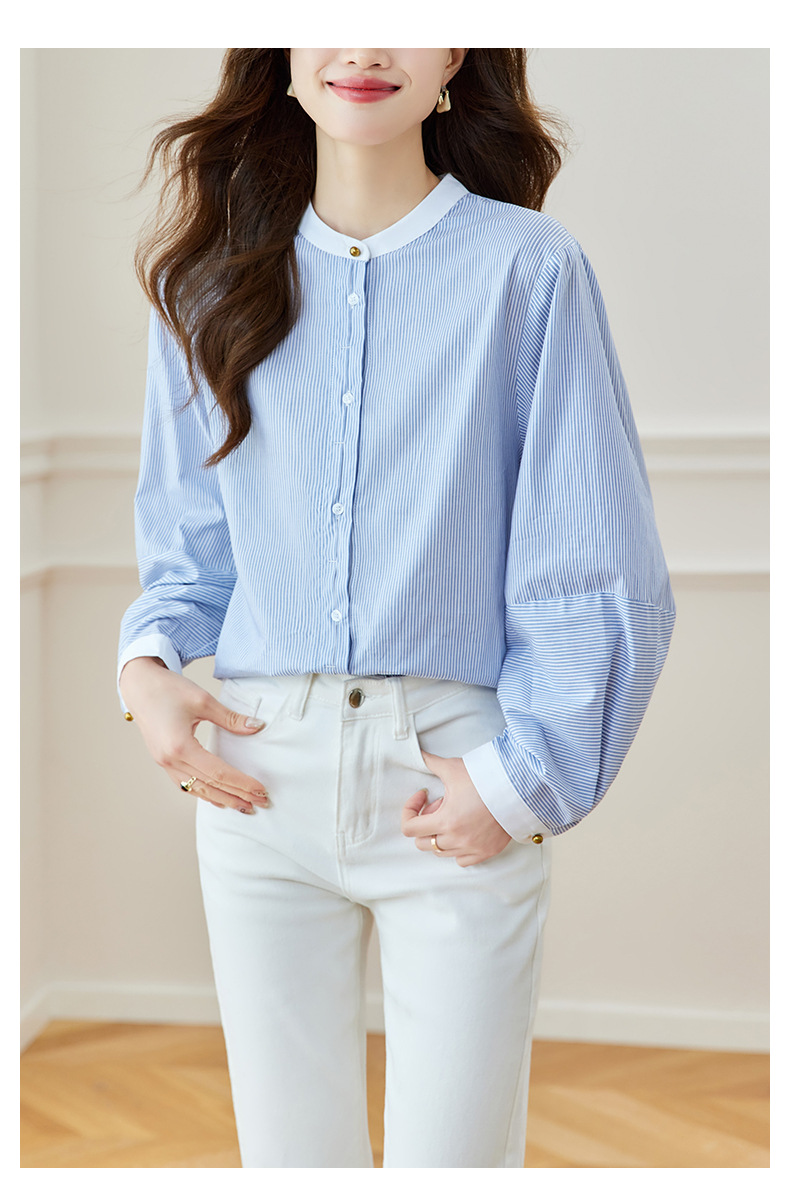 K Blue Striped Shirt, Women's Long Sleeved New Round Neck Top, Fashionable And Versatile, Loose And Slimming Shirt_ecoleips.com