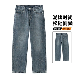 烫钻牛仔裤男青年直筒宽松阔腿裤美式高街复古怀旧牛仔拖地裤男生