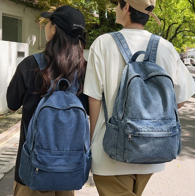 新款书包高颜值港风水洗牛仔双肩包潮流情侣款休闲旅行轻便背包