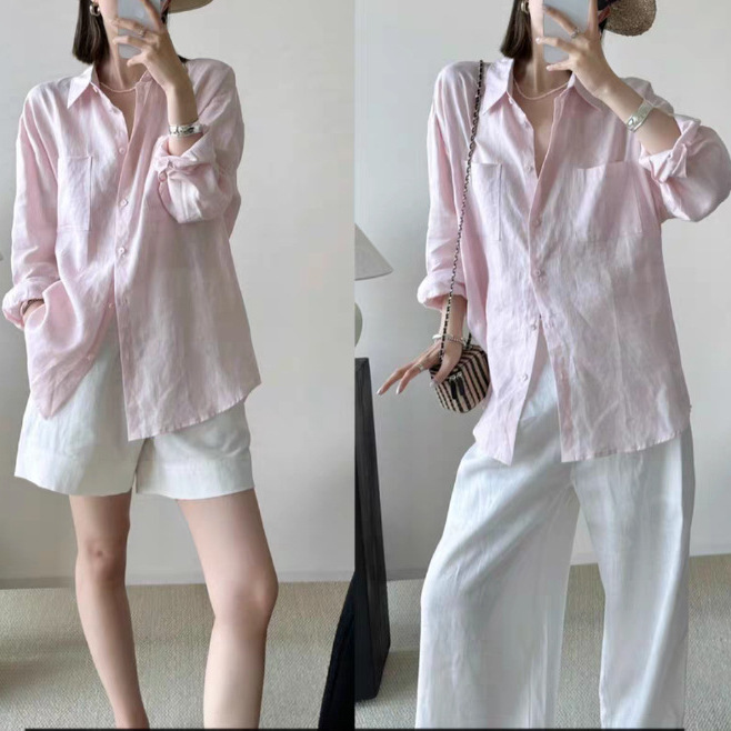 이른 봄 핑크 셔츠 코트 여성의 2025 봄과 가을 느슨한 게으른 스타일 디자인 감각 틈새 긴팔 탑 작은 셔츠