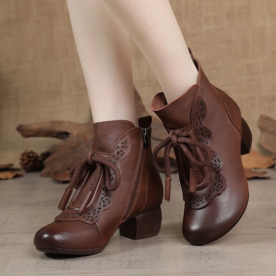 2025 New Autumn and Winter Retro Comfortable Warm Cotton Boots Ethnic Style Boots Soft Leather Short Boots Thick Heel Thick Velvet Women's Boots