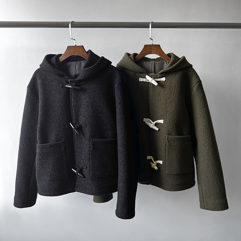 Hot! Retro age-reducing hooded wooden Bolt buckle woolen jacket preppy style texture straight thick wool coat
