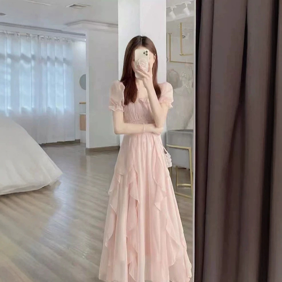 Váy maxi nữ thắt eo chất liệu voan mềm mại, dáng suông dài quá gối — màu hồng chi tiết 1
