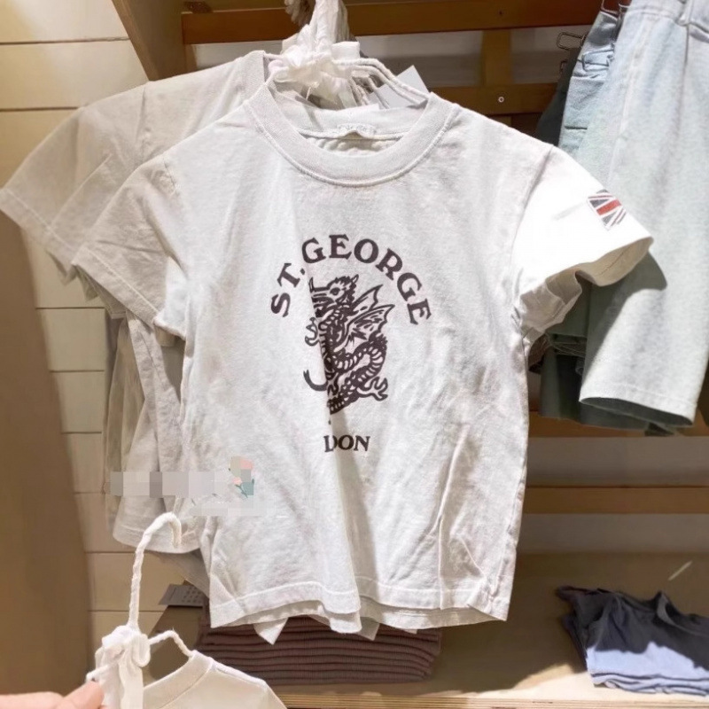 Bm Style New American Retro St.George Dragon Pattern Short-Sleeved T-Shirt Bm Distressed Short Top for Women