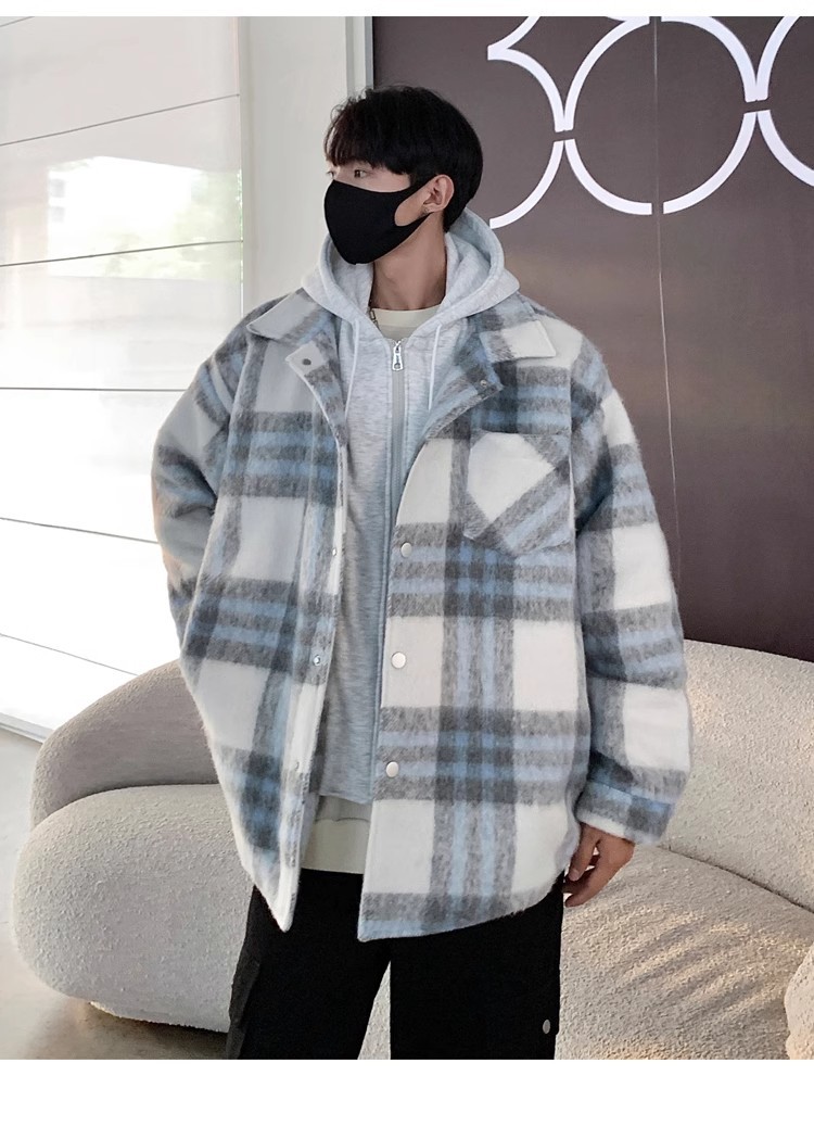 Abrigo a cuadros de dos piezas falso americano para hombres, otoño e invierno, nueva marea nacional, chaqueta acolchada de algodón con capucha de lana retro gruesa y cálida