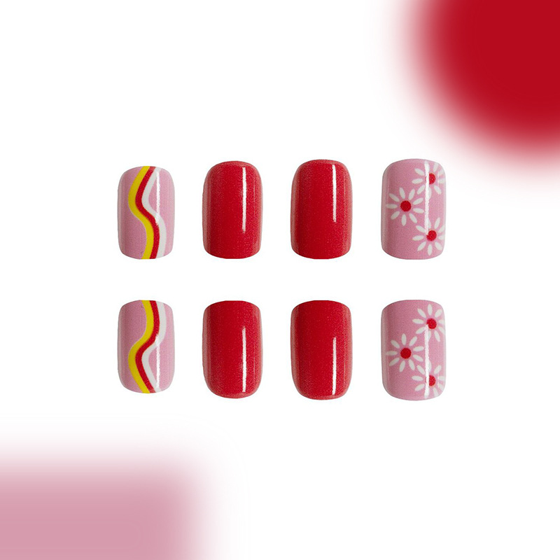 Ongles courts brillants à rayures contrastées de couleur douce et florale, ongles à porter, orange doux et rose, amovibles, 24 pièces_voghion.com