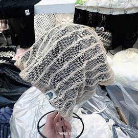 批发韩国2025年新款镂空网纱条纹月子帽女大头围显脸小针织堆堆帽