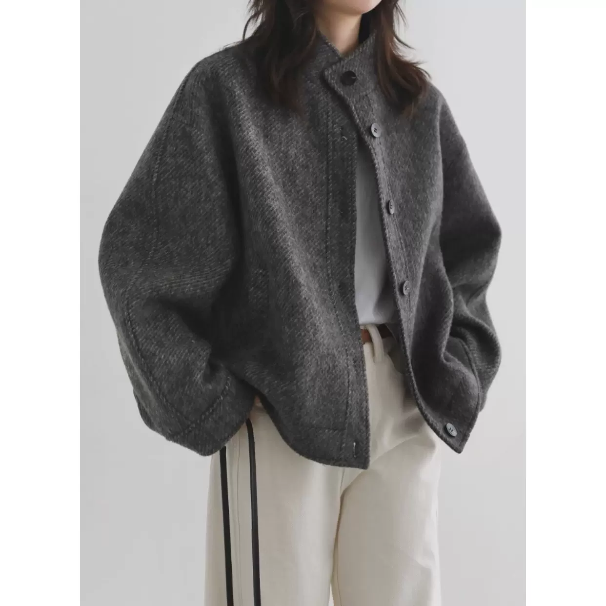 CHICVEN 2025冬季新款立领斜纹单排扣毛呢外套夹棉短款羊毛大衣女