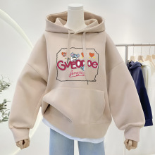 绿色加绒加厚保暖创意青少年学生可爱少女感复古简约宽松卫衣女