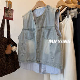MUYANG 时髦TOP！韩国拼条纹衬衫圆领无袖牛仔马甲女假两件上衣