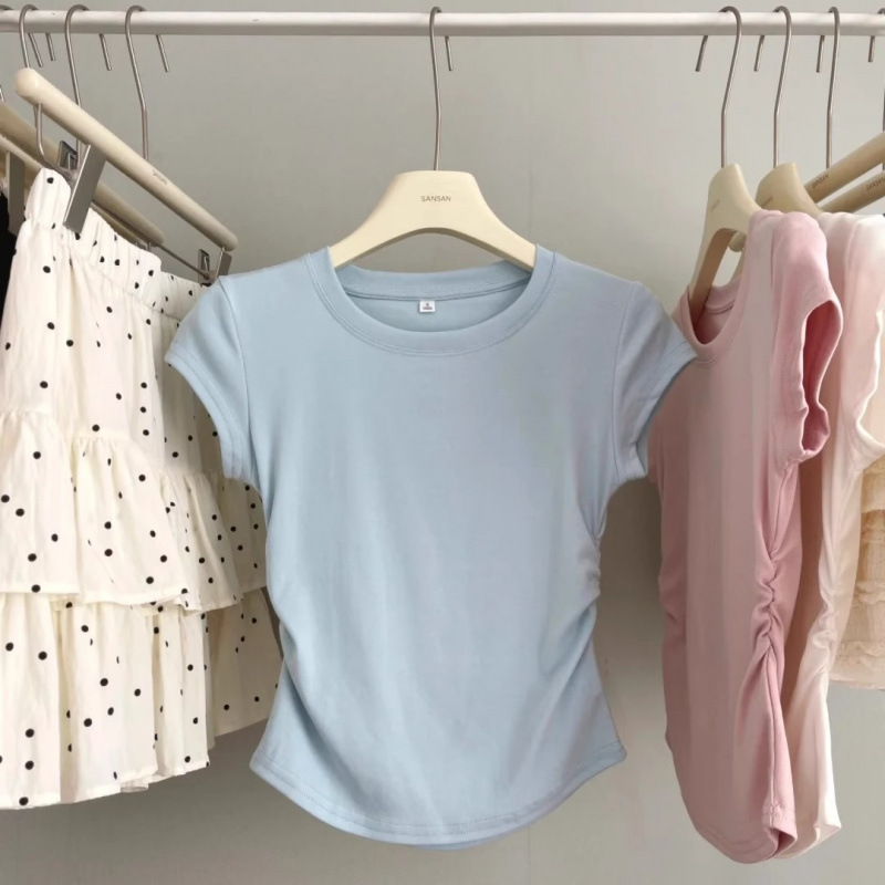 2025 Summer Irregular Waist Neck Pleated Top American Style Spice Girl Shoulder Slim T-Shirt Women's Round Neck All-match Short Sleeve