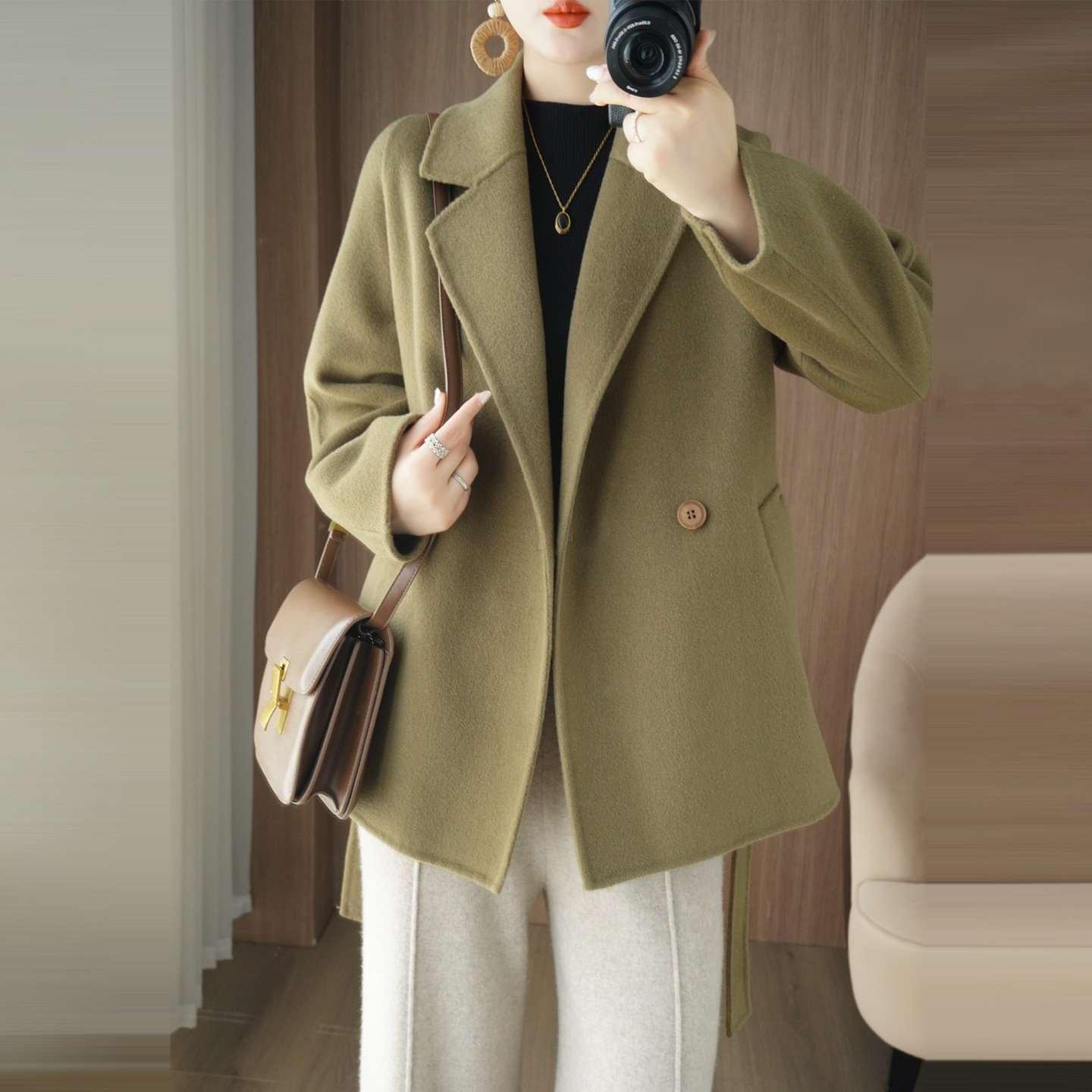 Double-Sided Wool Coat for Petite Women, Short Blazer-Style Woolen Coat, Mid-Length Trench Coat, Thick Wholesale