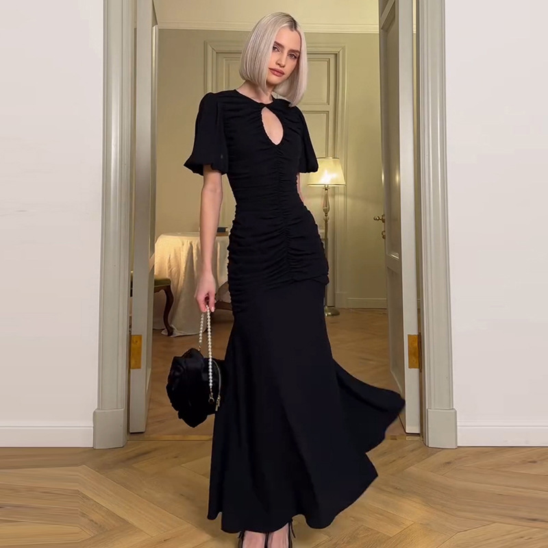 Vestido largo ajustado de verano para mujer, estilo francés, con cuello redondo, manga corta y cintura plisada.