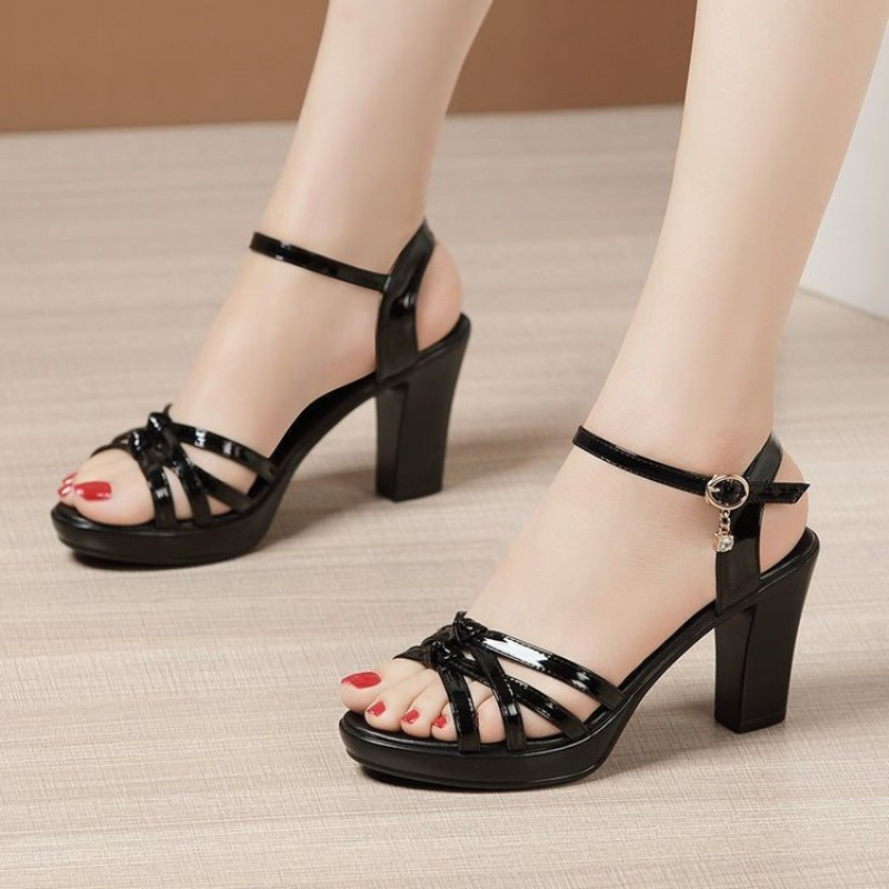 Summer One-Strap Sandals, Thick-Soled Waterproof Platform Women's Shoes, Women's Open-Toe High-Heeled Shoes, Versatile Shoes, Patent Leather Sandals