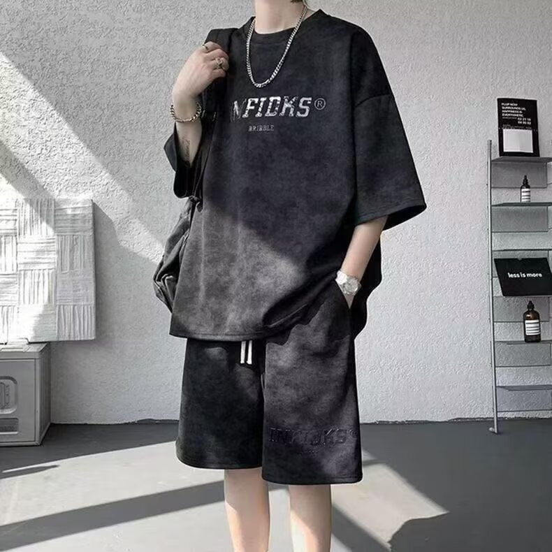 남성용 대형 우수한 타이다이 캐주얼 슈트, 여름 멋쟁이 투피스 세트, 청소년 루즈한 반팔 반바지 세트