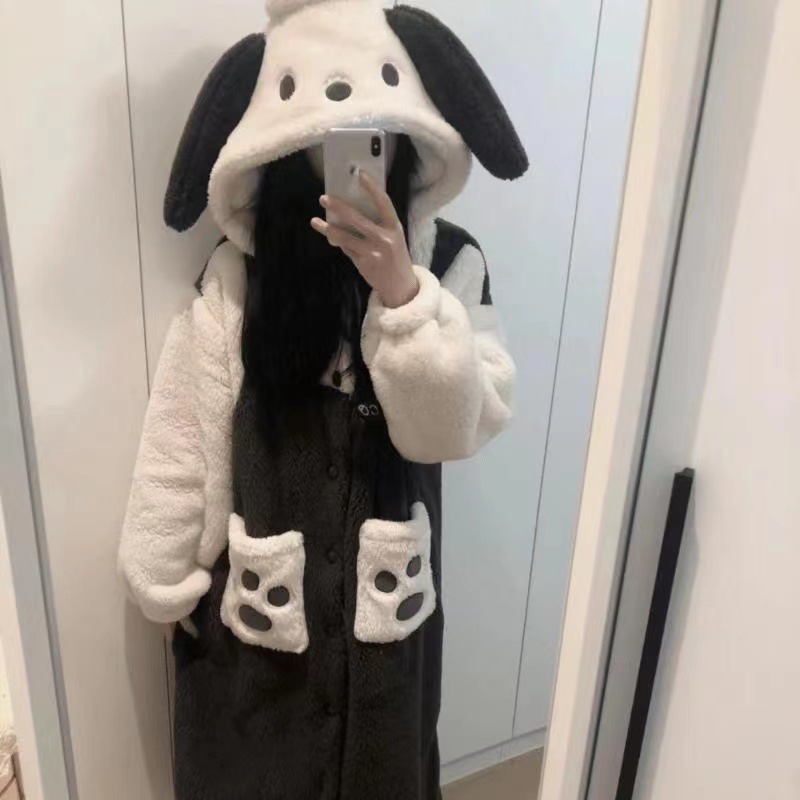 Pijamas de franela lindo coral polar pareja Yugui perro camisón espesado largo de una pieza azul primavera homewear